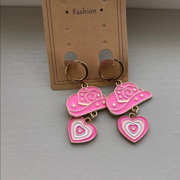 Pink Cowboy Hat and Heart Earrings - Picture 1 of 3